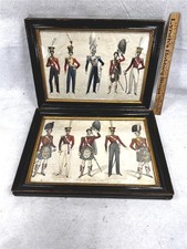 antique soldiers framed print pair hand colored English  red coat 18th original picture