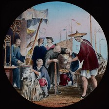 ANTIQUE HAND COLOURED Magic Lantern Slide CAT SELLERS C1890 ILLUSTRATION CHINA picture