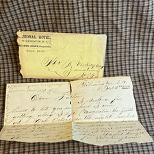 Pre-1900 Handwritten Personal Letter National Hotel Wilmington NC Feb 5 1872 picture
