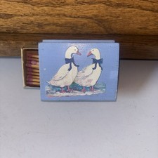 Vtg Cottage Core Wooden Matches Holder W/ 2 Geese On It Blue picture