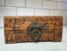 Vintage Hand Carved Wooden Trinket Box Intricate Leaf Pattern Aged Brass Latch picture