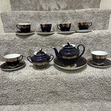 Vintage USSR LOMONOSOV PORCELAIN Tea Set / Lot Cobalt Blue, Gold Accents, 15 pc. picture