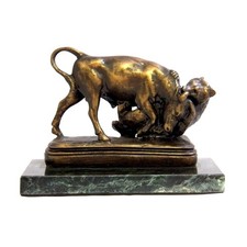 Bey-Berk Eternal Struggle Bull & Bear Bronzed Sculpture Green Marble Base picture