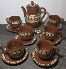 14 pc Vtg MCM Bulgarian Troyan Drip Redware Feather Pottery Tea Set Teapot Cups picture