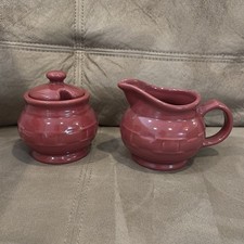 Longaberger Woven Traditions Paprika Red Pottery Creamer and Sugar Bowl Set picture