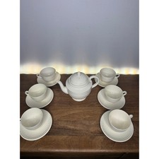 13 Pieces Wedgwood Edme Creamware  Tea Teapot Cups Saucers Ribbed Cream England picture