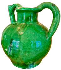 FRENCH ANTIQUE POTTERY TERRACOTTA CRUCHE GREEN GLAZE CONFIT EARTHENWARE  PITCHER picture