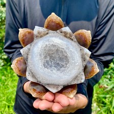 1.5LB   Drunken agate lotus hand carved meditation crystal display decoration picture