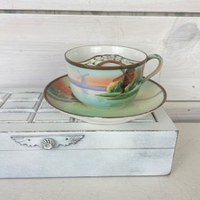 Vintage Hand Painted Porcelain Nippon Mustache Tea Cup & Saucer Windmill picture