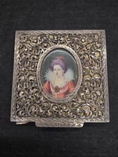 Antique Italian MC 800 Silver Gilt Reticulated Hand Painted Portrait Compact 129 picture