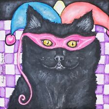 Black Cat Mardi Gras 8x8 Original Acrylic Painting Longhair Art Gothic Neon picture