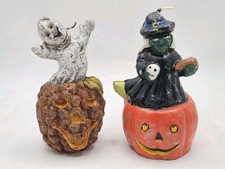 Two Vintage Halloween Candles Ghost Witch Pumpkins Spooky  picture