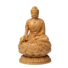 Antique-Style Hand-Carved Medicine Buddha Statue with Lotus Base Wooden Crafts picture