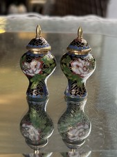 Vintage MINIATURE Chinese Cloisonné Lidded Jar Black, Pink, Gold Floral Enamel  picture