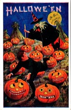 Vintage Ugly Witch, Scared Little Boy, JOL, Pumpkins, Moon Halloween Postcard picture