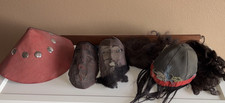 Antique Odd Fellows Ceremonial Mask Hand Painted Wire Mesh C. 1900 Hats Wigs LOT picture