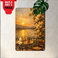 Terrace at Sunset Waterside Cafe Impressionist Oil Painting Tin Sign picture