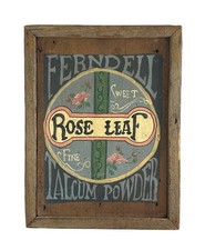 Vintage Folk Art Rose Leaf Talcum Powder Advertising Sign Wood Framed 15” picture