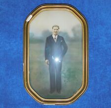 VTG Antique Curved Bubble Glass Photo Portrait Man in Suit Distressed Wood Frame picture