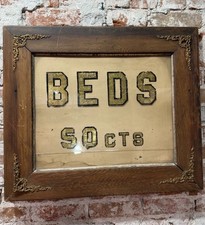 Vintage Early 1890s Sign Reverse Painted Glass Hotel Beds 50 Cents Gold Leaf picture