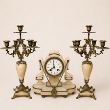 Antique French Alabaster Clock Garniture Candelabra 3 Pc Set 19th Century RR picture