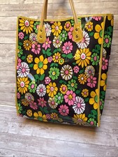 Vintage 1970's Floral Mod Plastic Vinyl Shopping Tote Bag Hippie Groovy Bag picture