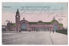 WIESBADEN 1907: NEW MAIN STATION from NIKOLAS-STR., color. PHOTO CARD picture