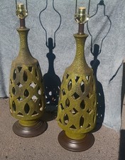 Vintage MCM Brutalist Fat Lava Pierced Ceramic Table Lamps Olive Green Pair picture