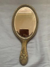 Antique Victorian Brass Floral Repousse Motif W/ Bee Handheld Vanity Mirror picture
