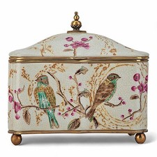 Colorful Hinged Porcelain Chinoiserie Box.Bronze Accents. Hand Painted-9”Lx8.5”H picture