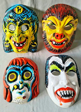 Vintage 60´s Monsters Halloween Mask Plastic Childs Costume Lot Dracula Wolfman picture