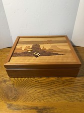 Robert W Johnson Signed Wood Marquetry Box Vintage 9 Slot Jewelry Tea Inlay 11x9 picture