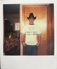 WHEN YOU DIE YOU WILL GO TO TEXAS Man in Funny Shirt Polaroid Photo Vintage picture