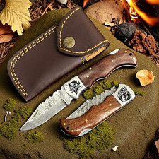 Personalized Handmade Damascus Pocket Folding Knife Rosewood Handle Carved Blade picture