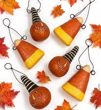 Vtg Halloween Candy Corn & Whimsical Pumpkin Head Ornaments, Primitive Folk Art picture
