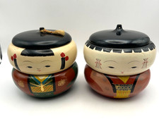 Vintage Japanese Kokeshi Doll Jubako Bento Box Set of 2 Wood Lidded Containers picture