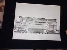 Penn Central 7707 Train Engine Pencil Sketch Art Print- Matted - Railroad picture