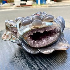 5.9LB Natural Amethyst agate geode quartz crystal Hand carved Golden Toad picture