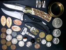 Vintage Lot Junk Drawer Knives Charm Tokens Charm Coins Silver Antique Metal Mix picture