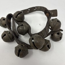 Lot of 9 Antique/Vintage Brass Sleigh Bells Stamped with #3 and leather strap picture