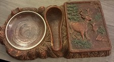 vintage mid-cent smoking set auth molded wood-composite Syroco deer forest motif picture