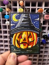 ACEO Original- Autumn Halloween pumpkin with witches hat on a dark night picture