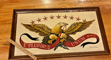 VINTAGE ART FRAME JOHN L GIEROCH - E Pluribus Unum Eagle Textile Burlap Fabric picture