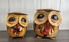 Vintage MCM Mod Wicker Owl Planter Pair Big Eyes picture