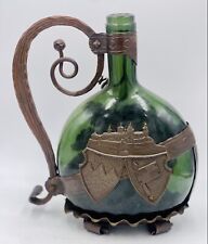 Antique Metal Encased Green Glass Wine Bottle Iron Handle, Ornate Design Vintage picture