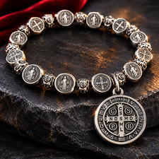 RARE VINTAGE STYLE ST BENEDICT SILVER ROSARY BRACELET PULSERA SAN BENITO LUXURY picture