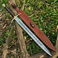 Handmade 32'' Damascus Steel Medieval Sword with Wooden Handle & Leather Sheath picture