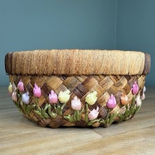 VTG Woven Straw Raffia TULIPS Floral Embroidery Handmade Basket 3x7” Philippines picture