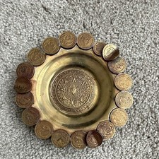 Handmade Vintage 1978 Mexican Coin Ashtray Dish - Brass Aztec Calendar picture
