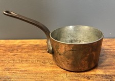 Antique Vintage Copper Saucepan Pot Tin Lined Cast Iron Handle 3 Rivet Stamped picture